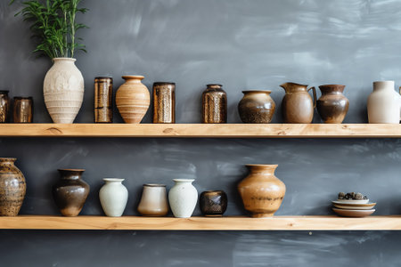 Generative AI Clay bowls drying up on wooden shelves in rustic pottery workshop. Studio of modeling of clay.の素材