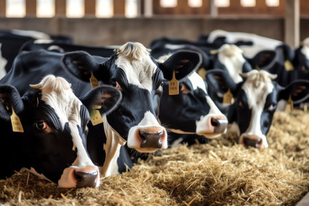 Generative AI Portrait cows red jersey stand in stall eating hay. Dairy farm livestock industry.の素材