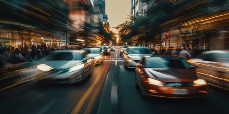 Generative AI blurred on purpose car transporter trailer loaded with many cars on a highway, motion blur effect.の素材