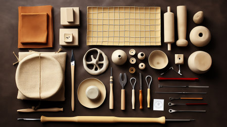 Generative AI Variety of pottery tools covered in clay mud on wooden plank wall of pottery workshop. Still life with old equipment.の素材