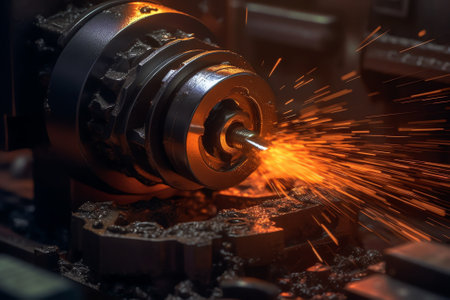 Generative AI Internal grinding of a cylindrical part with an abrasive wheel on a machine, sparks fly in different directions. Metal machining.の素材