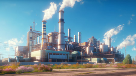 Generative AI Industiral cooling plant in late afternoon with blue skyの素材