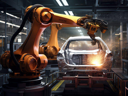 Generative AI Team welding robots represent the movement in the automotive parts industryの素材