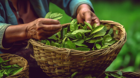 Generative AI Cropped shot of workers selecting the best tea leaves in tea processing, for produce the highest quality tea.の素材