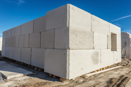 Generative AI Precast concrete plant with blue sky in the construction site, in storage yard area at Thailand, Space for text in template, Concrete Tunnel Segmentsの素材