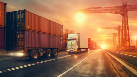 Generative AI Container truck in ship port for business Logistics and transportation of Container Cargo ship and Cargo plane with working crane bridge in shipyard at sunrise, logistic import export and transportの素材
