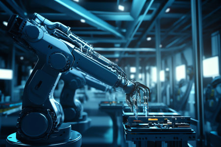 Generative AI Industry4.0 concept .Industry graphic sign and blue tone of automate wireless Robot arm in smart factory background. blue toneの素材
