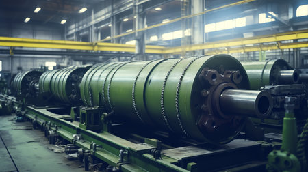 Generative AI Workers press high-pressure hydraulic hoses on machines. High pressure hydraulic hose manufacturing process.の素材