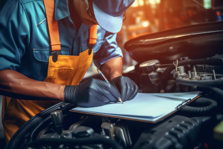 Generative AI Spare parts. Elements of the electrical system of the car engine. The car generator is in the hands of an auto mechanic. There is a car starter on the desktop. Repair and maintenance of the car in theの素材