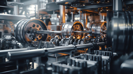 Generative AI Car engine cylinder heads in housings on conveyor in shopの素材