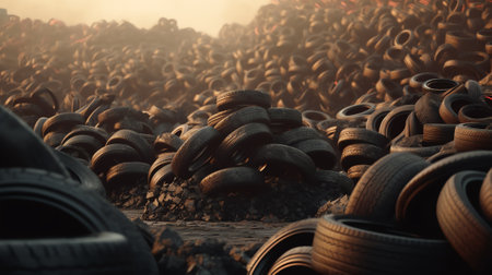 Generative AI Warehouse full of new and used tires stacked one on top of the other.の素材