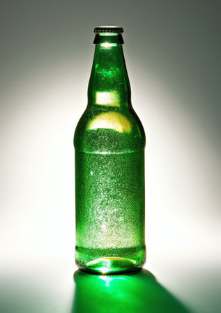 Generative AI Glass bottles green. Green glass bottles of beer. Wall formed by green bottles. Green bottles background. Empty Glass Bottle with Lightingの素材