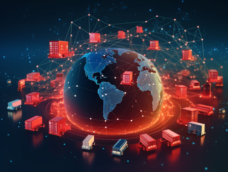 Generative AI World map with logistic network distribution on background. Logistic and transport concept in front Container Cargo freight ship for Concept of fast or instant shipping, Online goods orders worldwideの素材