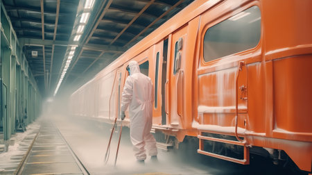 Generative AI Inside of the rail car assembly plant. Industrial workshop for the production of high speed trains. Factory of the manufacturing trainsets passenger rolling stock. Paint shopの素材