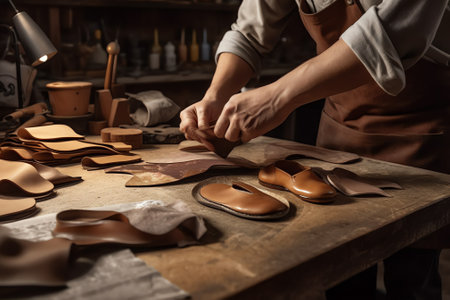 Generative AI Shoemaker workshop for making shows artisan handmade manufacturing leather shoes. Shoe manufacture business for traditional vintage shoe making, craft shoes in traditional styleの素材