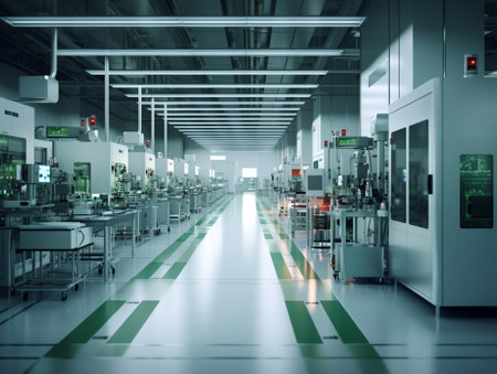 Generative AI Shot of Computer Processor Production Line at Advanced Semiconductor Foundry in Bright Environment. Microchip Factory.の素材