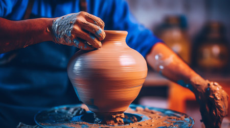 Generative AI Wet hands of male potter's hands making amphora from clay, close-up with copy space. Master class of homemade earthenware.の素材