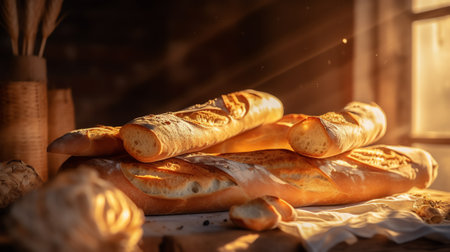 Generative AI Close up of baker is taking off from oven the french baguette bread with wood peel at baking manufacture factory. French baguette bread bakery factory concept.の素材