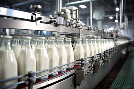 Generative AI white plastic gallons or bottle on the production line of the conveyor at filling machine in the factory. industrial and technology concept.の素材