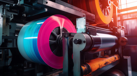 Generative AI The raw material for plastic bag in the machine.The plastic bag manufacturing process.の素材