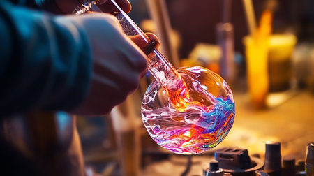 Generative AI Process glass blowing manufacturing . Fire heats glass blank with glass-blowing burner. Handmade glassworksの素材