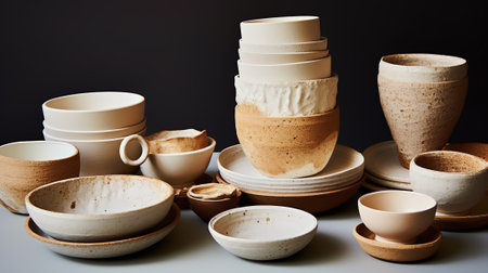 Generative AI Beautiful artisan pottery plates, bowls and cups stacked on table in pottery shop, top view with copy space. Handmade kitchenware.の素材