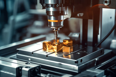 Generative AI Metalwork industry. Milling machine tool with two mills in chuck preparing to process metal detail at industrial manufacture factoryの素材