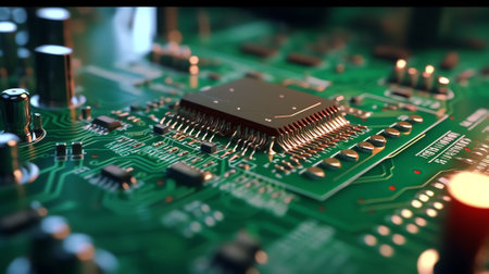 Generative AI Close-up Macro Shot of Electronic Factory Machine at Work: Printed Circuit Board Being Assembled with Automated Robotic Arm, Place Technology Mounts Microchips to the Motherboardの素材
