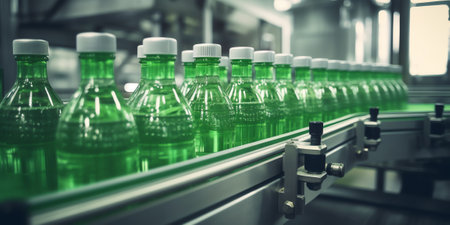 Generative AI Row of plastic bottles on conveyor of filling machine at modern pharmaceutical manufacturing plantの素材