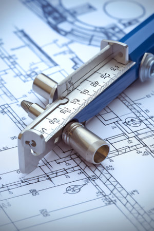 Generative AI Engineer technician designing drawings mechanical parts engineering Engine manufacturing factory Industry Industrial work project blueprints measuring bearings caliper toolsの素材