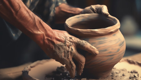 Generative AI Artisan's hands carving clay vase with special tool. Traditional handicraft.の素材