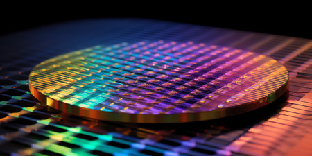 Generative AI Semiconductor Wafer after Dicing Process. Silicon Dies are Being Extracted by Pick and Place Machine. Computer Chip Manufacturing. Packaging Process.の素材