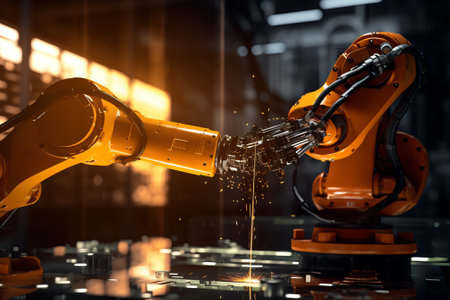 Generative AI Industrial automated robot arm holding car glass in factoryの素材