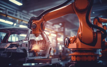 Generative AI The engineer program robotic arm for polishing automotive parts. The hi technology automotive parts manufacturing process by robotics system.の素材