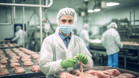 Generative AI Factory for manufacturing sausages with unrecognizable worker in the background. Production line of sausages. Industrial production of sausages.Meat processing factory. Quality control.の素材