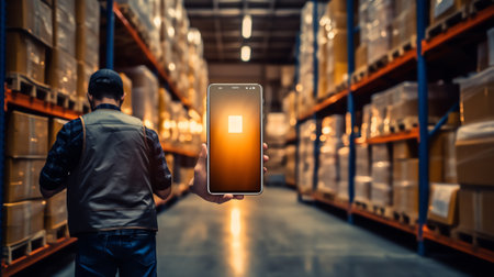 Generative AI Smart Warehouse,Inventory management system concept.Manager using digital tablet,showing warehouse software management dashboard on blurred warehouse as backgroundの素材