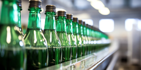Generative AI Industrial wine bottling plant theme. Modern industry production line for alcohol drink bottling and packaging.の素材