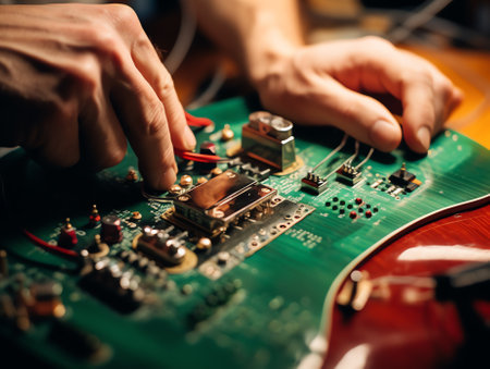 Generative AI Close up of the hand men hold tool repairs electronics manufacturing Services,Repair of electronic devices, tin soldering parts.の素材