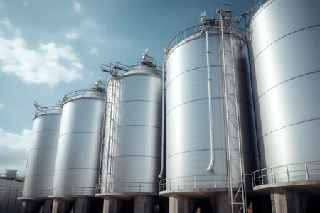 Generative AI Agricultural silos. Storage and drying of grains, wheat, corn, soy, sunflower. Industrial building exterior. Big metallic silver containers close-up. Background of agricultural tanks with copy space.の素材