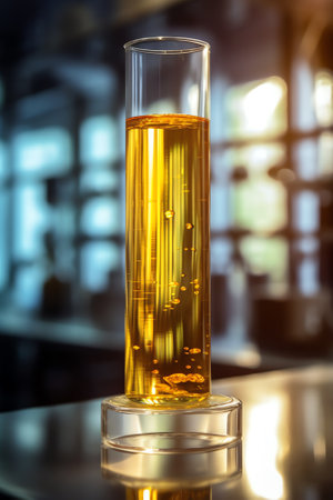 Generative AI Dispenser filled with yellow chemical liquid pours drop into a glass dish closeup. Providing quality medicines concept.の素材