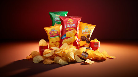 Generative AI Vertical multi-head weigher packaging machine snacks and chips in a factoryの素材