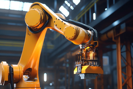 Generative AI orange robot arms on the production line. controlled by a computer with artificial intelligenceの素材