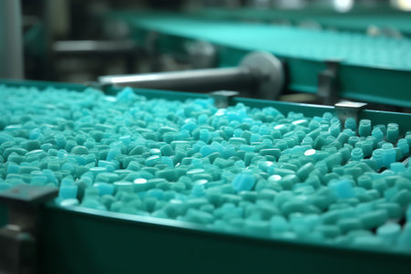 Generative AI Blue polypropylene pots on conveyor belt of automatic plastic injection molding machine with robotic arm at exhibition, trade show. Manufacturing, industry and automated technology equipment conceptの素材