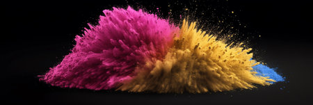 Generative AI colorful CMYK cyan magenta yellow key holi paint color powder explosion isolated on dark black background. printing print business industry manufacturing beautiful party festival conceptの素材