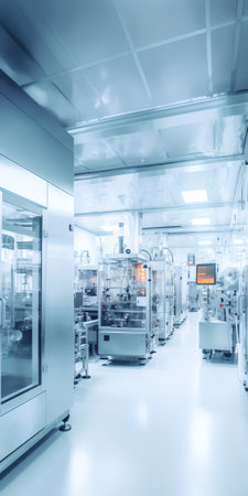 Generative AI Clean room in manufacturing pharmaceutical plant, Green epoxy system flooring, Sandwich Panel, door, and double glass windowの素材