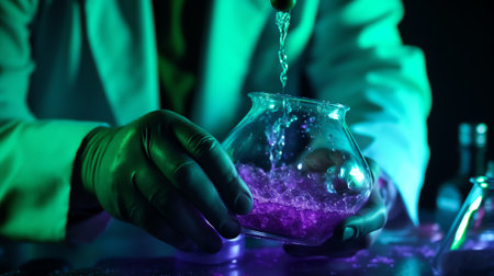 Generative AI A male chemist holds test tube of glass in his hand overflows a liquid solution of potassium permanganate conducts an analysis reaction takes various versions of reagents using chemical manufacturing.の素材