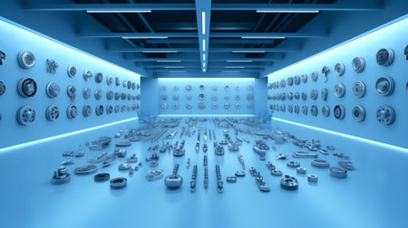 Generative AI The metal gear parts for automotive transmission manufacturing process in the light blue scene. The mechanical parts production processing.の素材