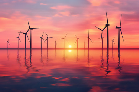 Generative AI Wind power plant and technology. Smart grid. Renewable energy. Sustainable resources.の素材