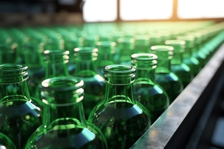 Generative AI Empty glass bottles in factory to fill with drinkの素材