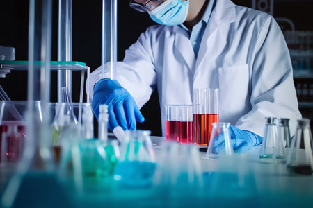 Generative AI A male chemist holds test tube of glass in his hand overflows a liquid solution of potassium permanganate conducts an analysis reaction takes various versions of reagents using chemical manufacturingの素材